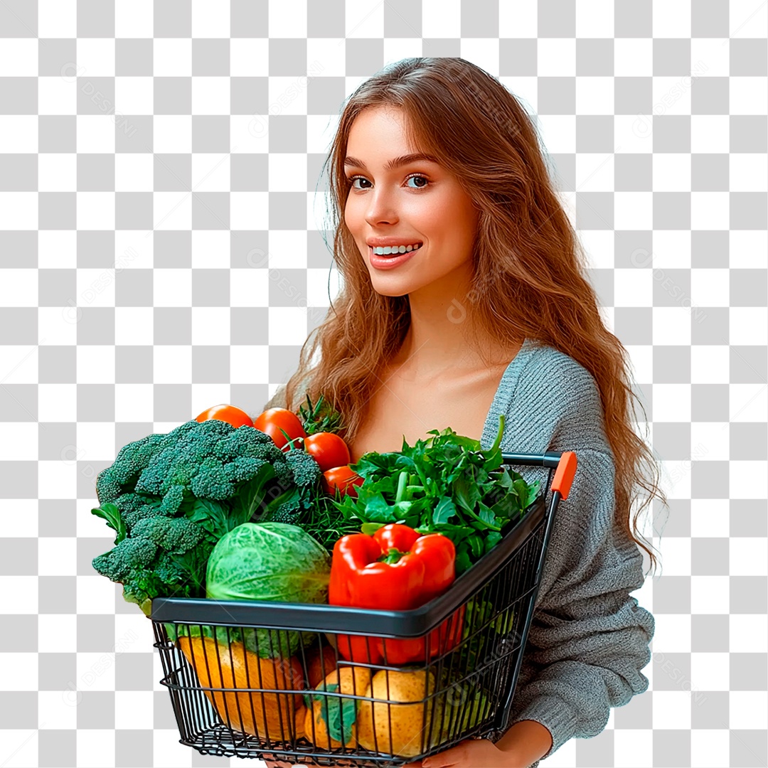 Mulher Segurando Cesta de Verdura PNG Transparente