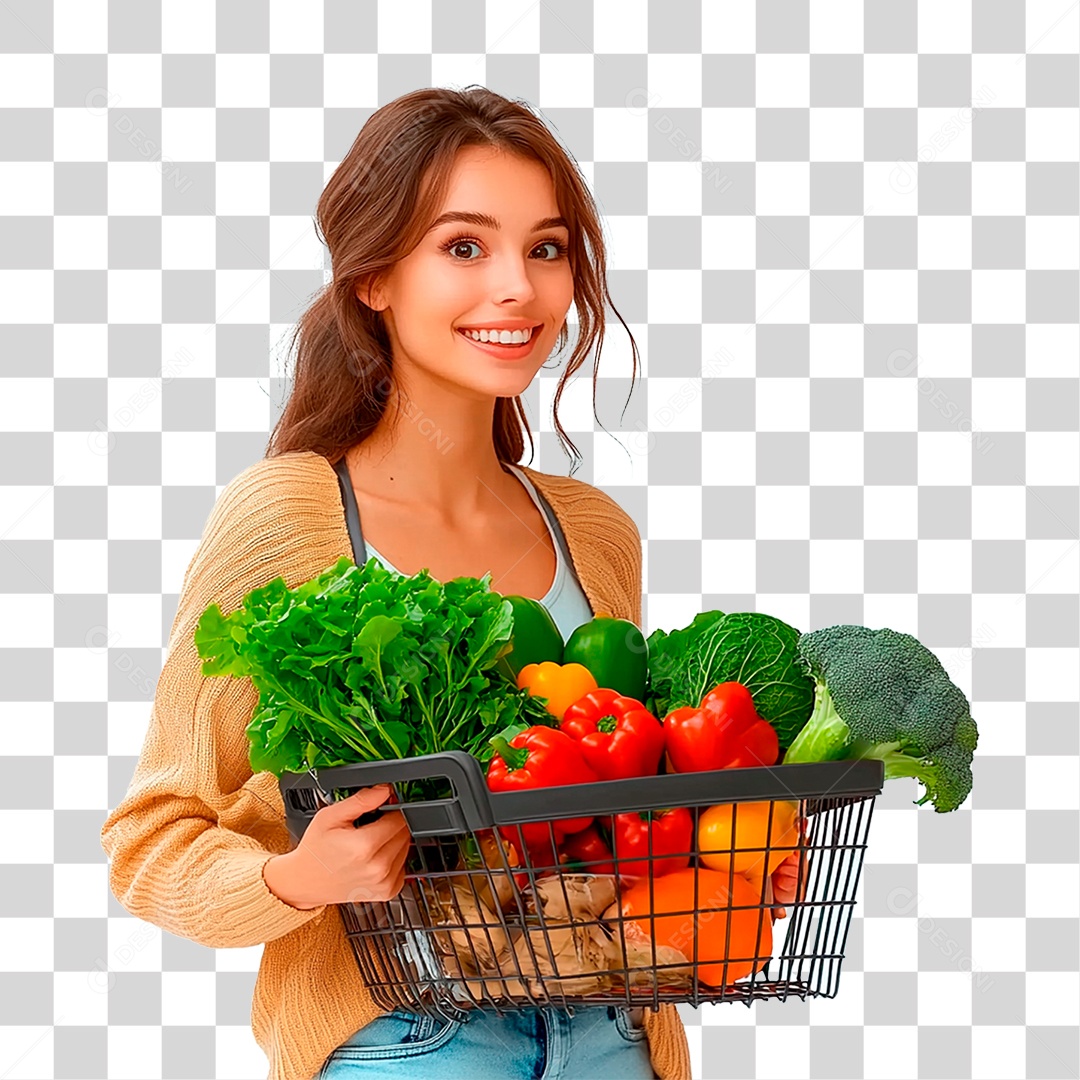 Mulher Segurando Cesta de Verdura PNG Transparente