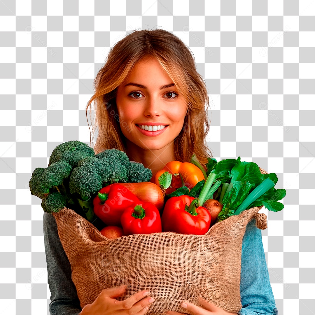 Mulher Segurando Cesta de Verdura PNG Transparente
