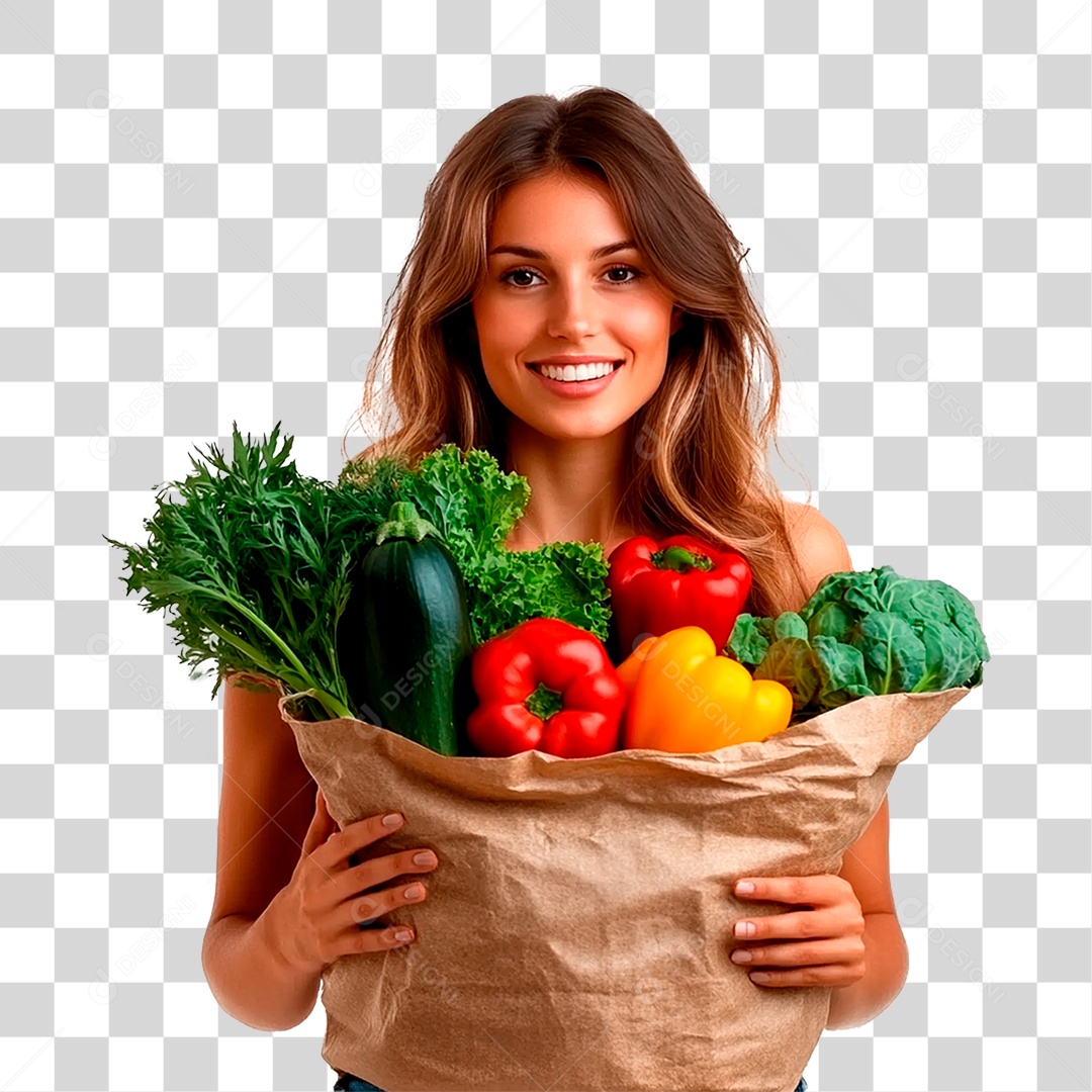 Mulher Segurando Cesta de Verdura PNG Transparente