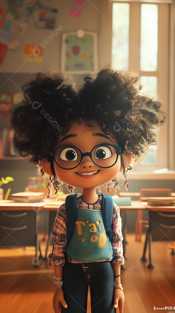 Uma ilustração de uma garotinha com mochila nas costas em sala de aula