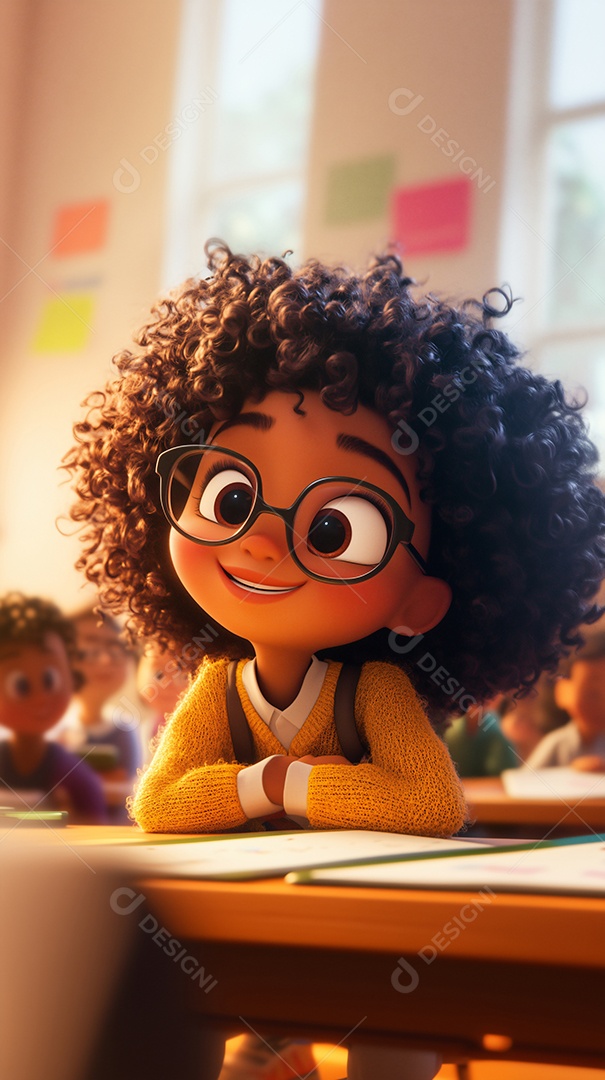 Linda ilustração de uma garotinha na sala de aula
