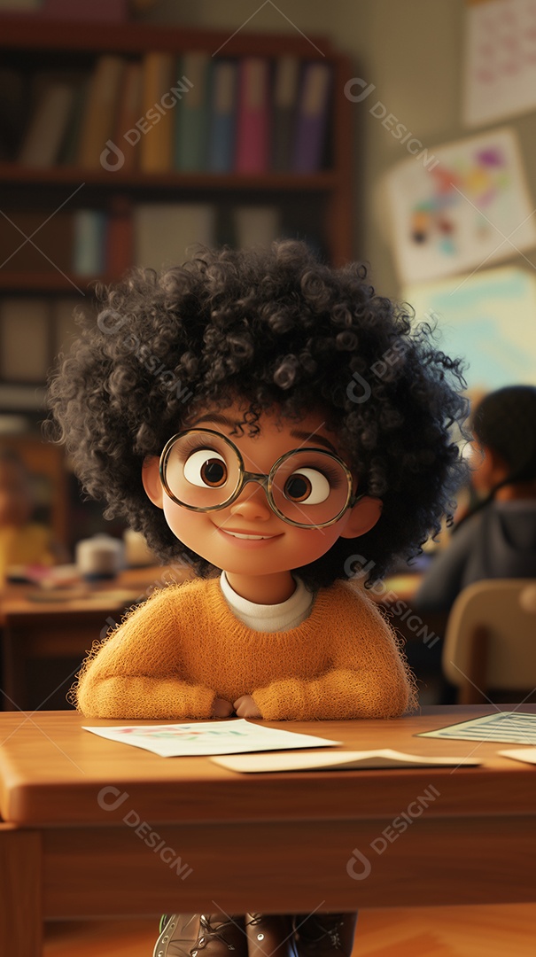 Linda ilustração de uma garotinha na sala de aula