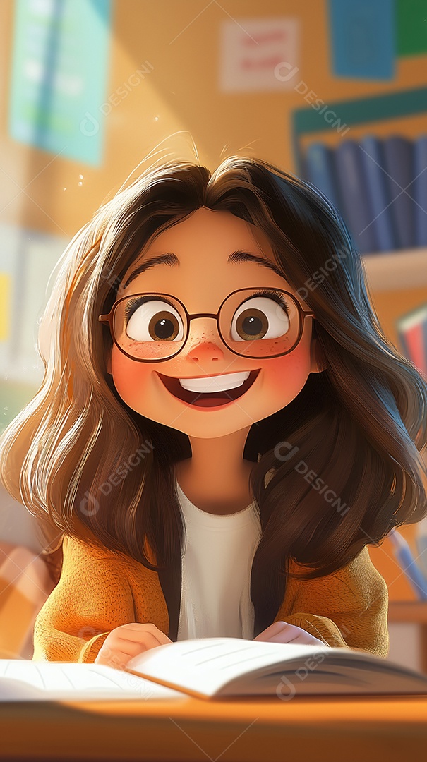 Ilustração de uma menina usando óculos sentada na sala de aula
