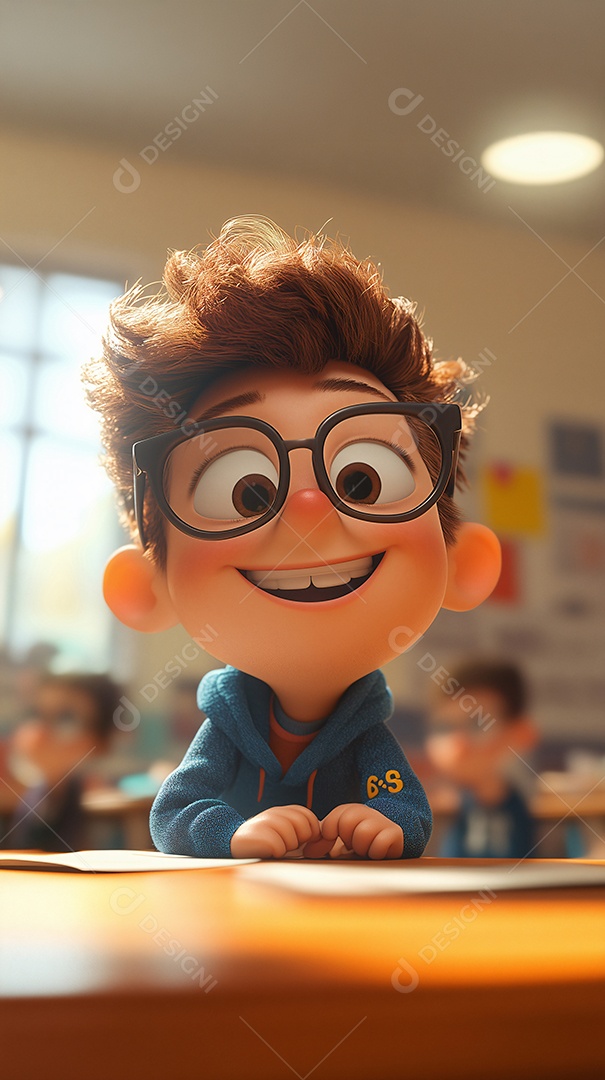 Um mine estudante usando óculos sentando na carteira de uma escola