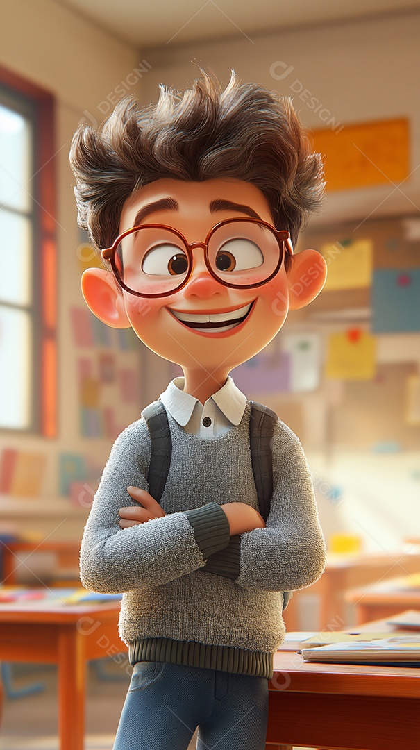 Um mine estudante usando óculos e mochila nas costas