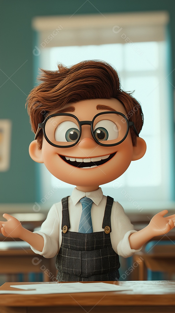 Uma ilustração de um estudante feliz na sala de aula