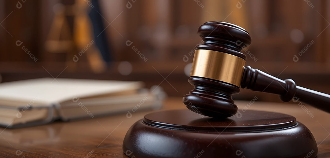 Close do martelo de um juiz em um tribunal simbolizando a justiça e a lei