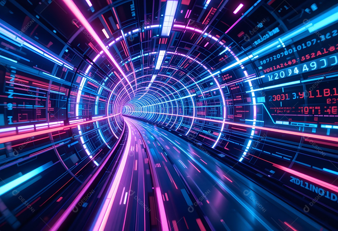 Rede digital futurista com luzes vermelhas brilhantes e conexões de circuito