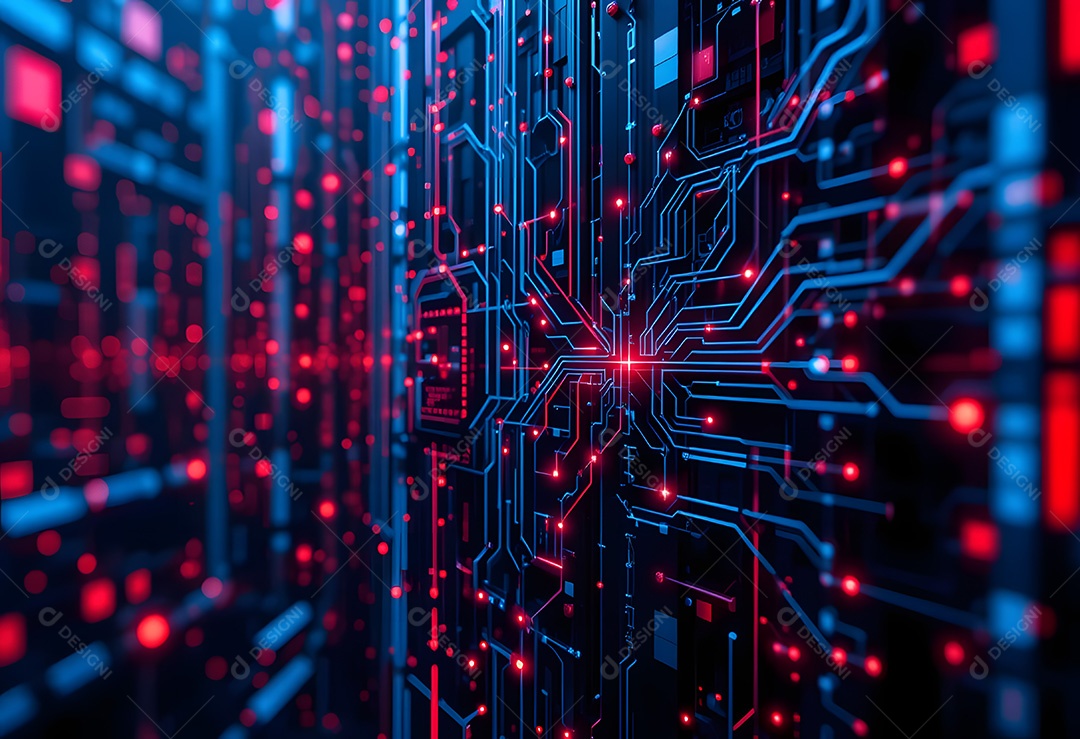 Rede digital futurista com luzes vermelhas brilhantes e conexões de circuito
