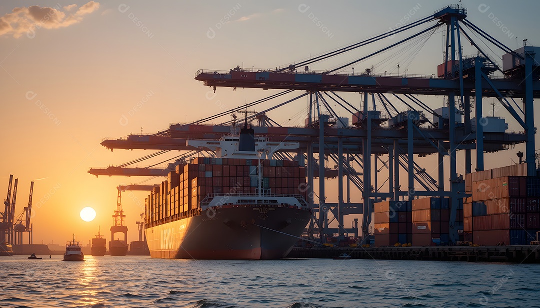 Grande navio de carga e contêineres empilhados em um porto movimentado