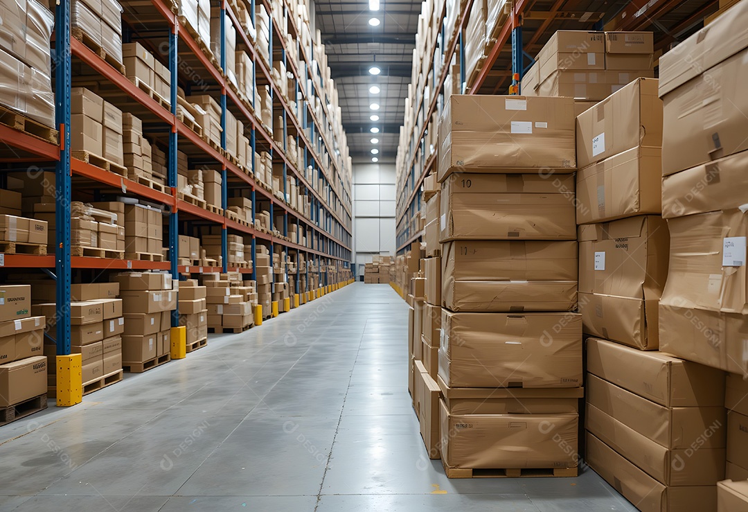 Pilha de caixas de papelão no corredor de um armazém com prateleiras cheias