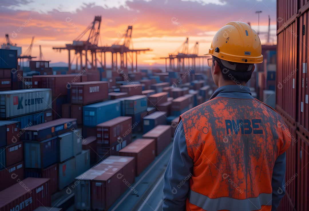 Trabalhador usando colete de segurança laranja e capacete inspeciona pilhas de contêineres