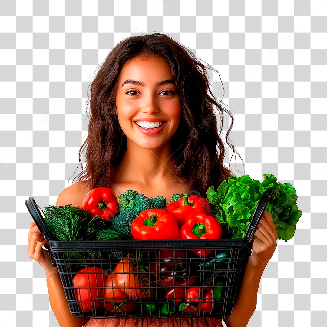 Mulher Segurando Cesta de Verdura PNG Transparente
