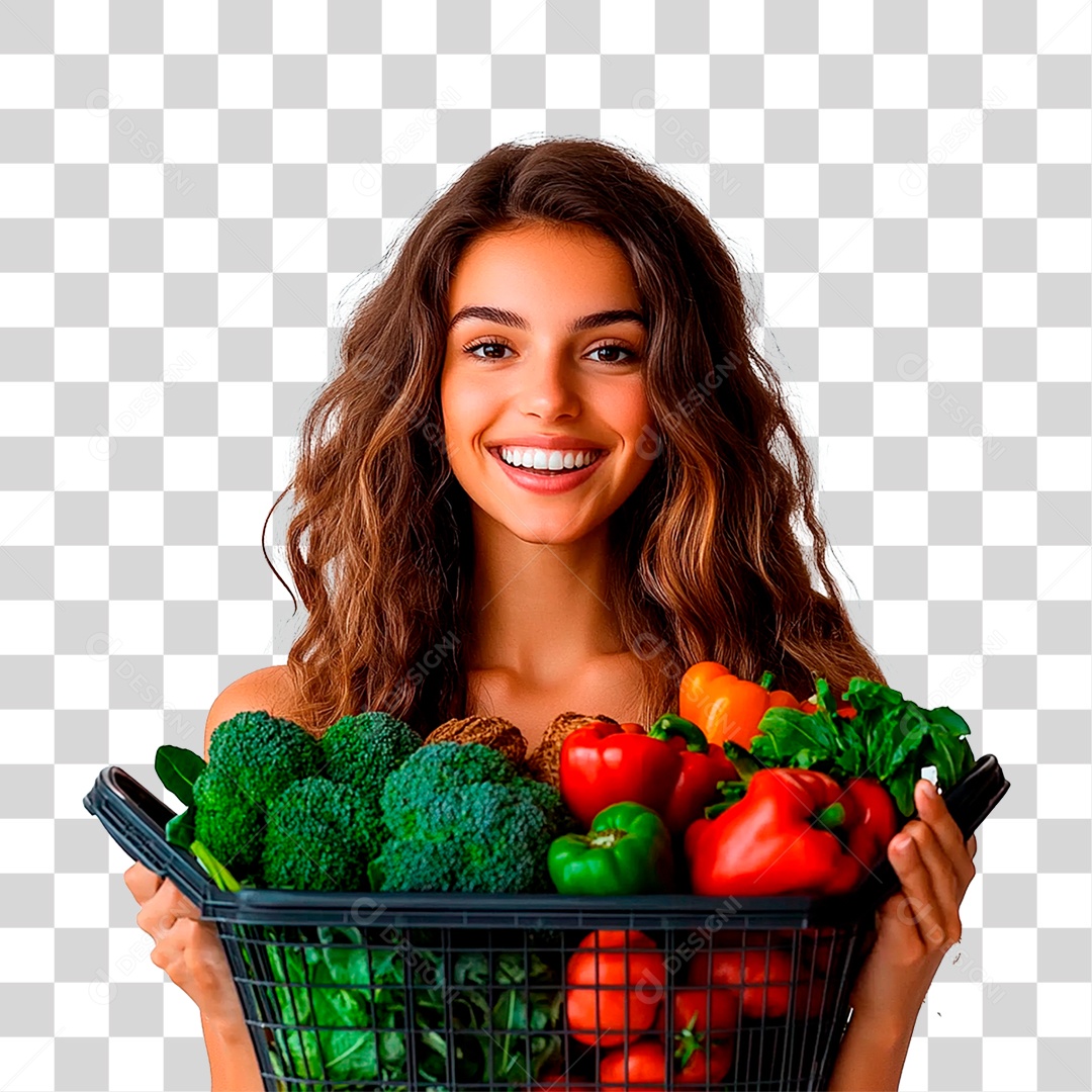Mulher Segurando Cesta de Verdura PNG Transparente
