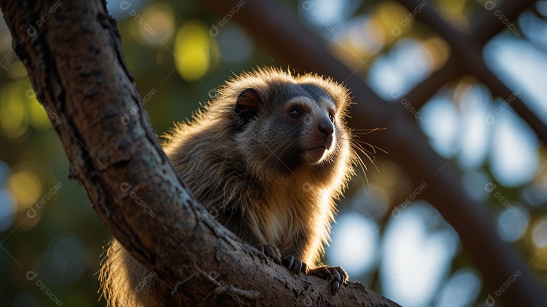 Um sagui sobre o galho de uma árvore na floresta