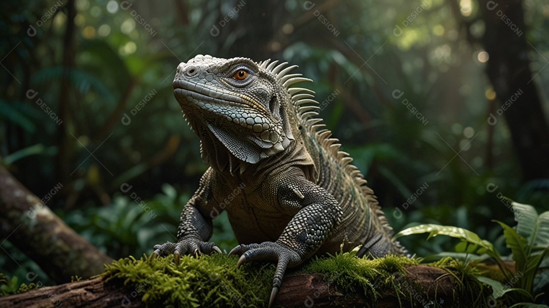 Uma iguana em cima dos galhos de árvore caída na floresta