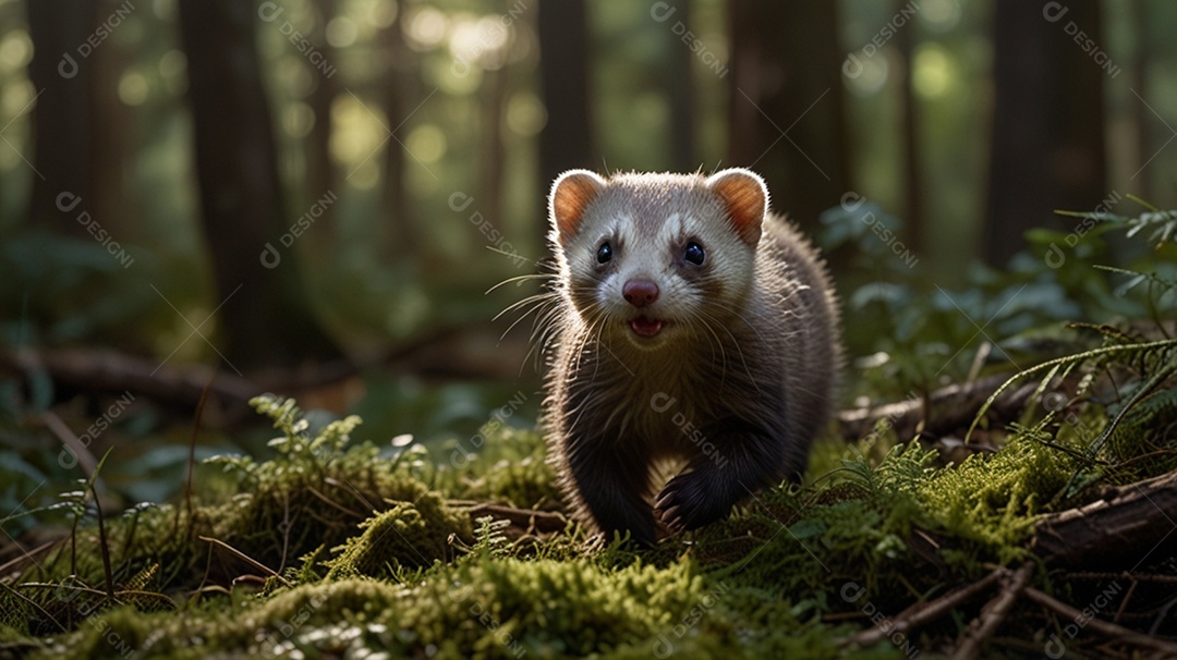 Um pequeno furão correndo em uma floresta