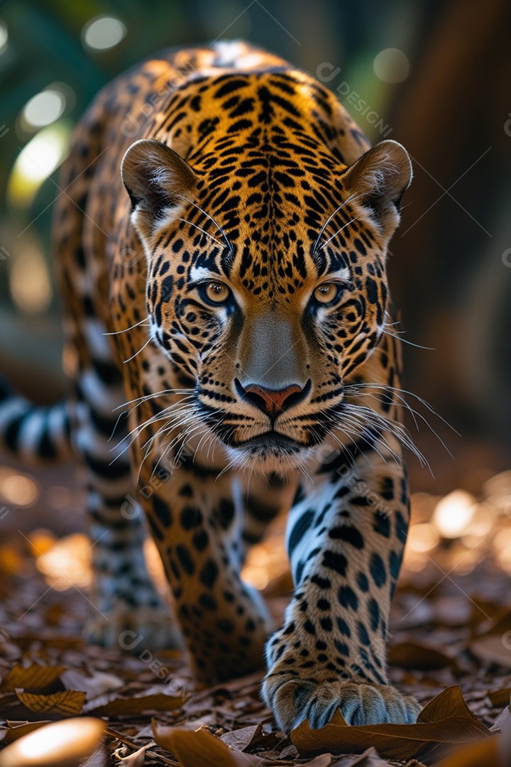 Onça pintada em meio a natureza andando