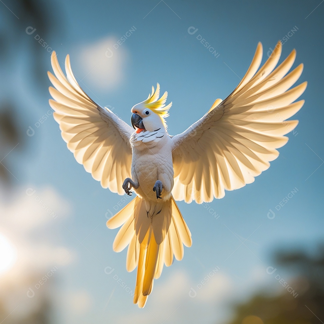 Uma linda calopsita voando em céu aberto