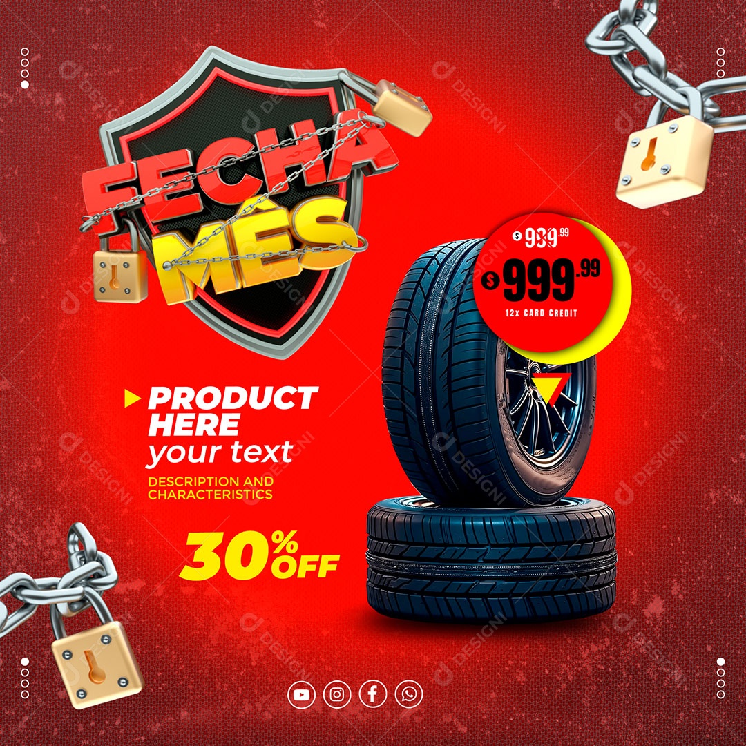 Fecha Mês Pneus Loja de Pneus Social Media PSD Editável