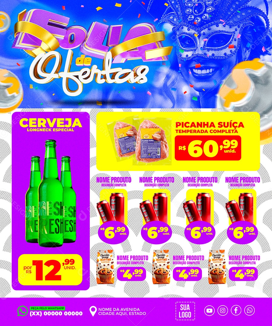 Carnaval Folia de Ofertas Cerveja Social Media PSD Editável