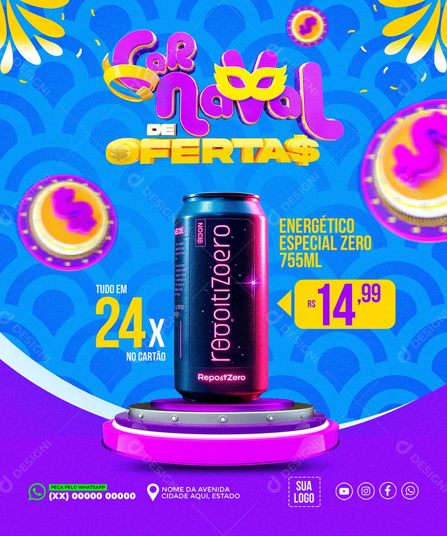 Carnaval Folia de Ofertas Cerveja Social Media PSD Editável