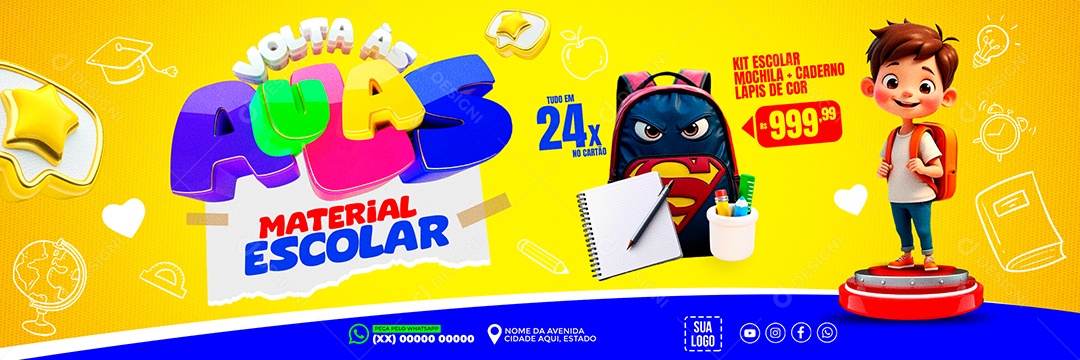 Banner Papelaria Volta às Aulas Social Media PSD Editável