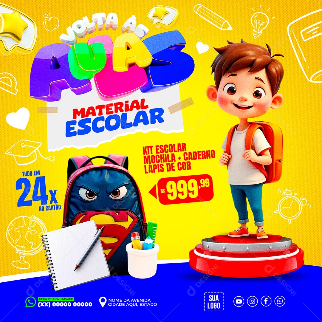 Papelaria Volta às Aulas Material Escolar Social Media PSD Editável