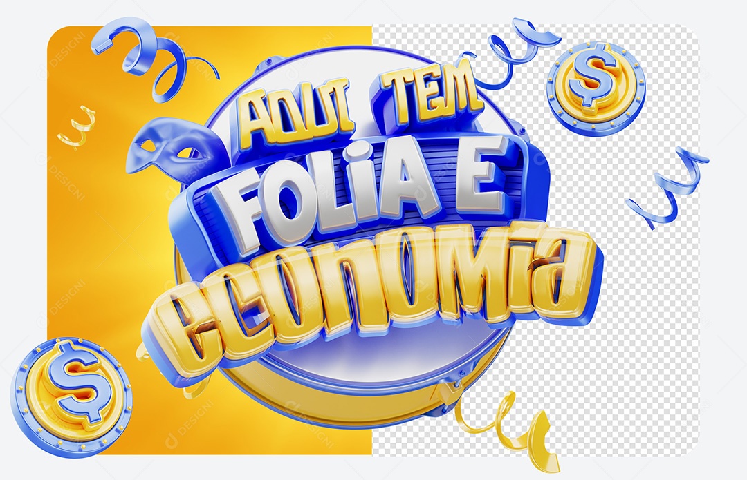 Selo 3D Aqui Tem Folia e Economia Social Media PSD Editável