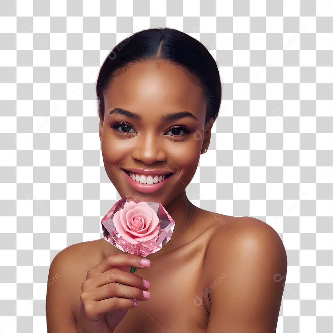 Mulher Modelo Morena com Flor de Cristal PNG Transparente