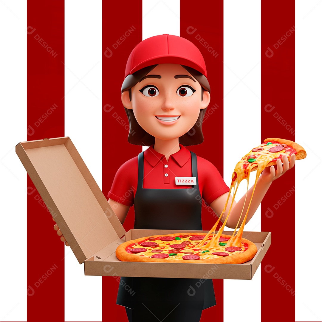 Persoangem 3D Segurando Caixa com Pizza para Composição PSD