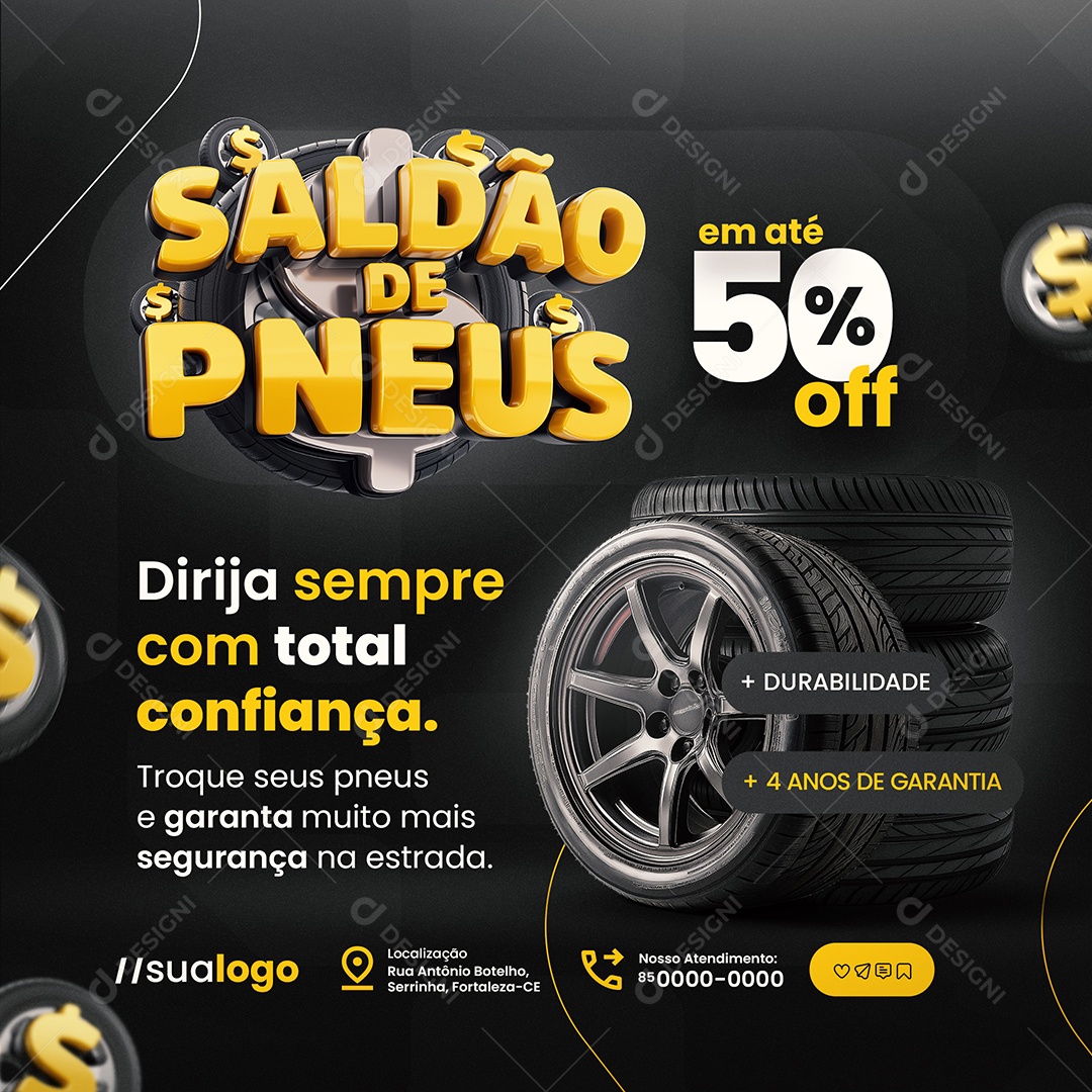 Saldão de Pneus Em Até 50% Off Loja de Pneus Social Media PSD Editável