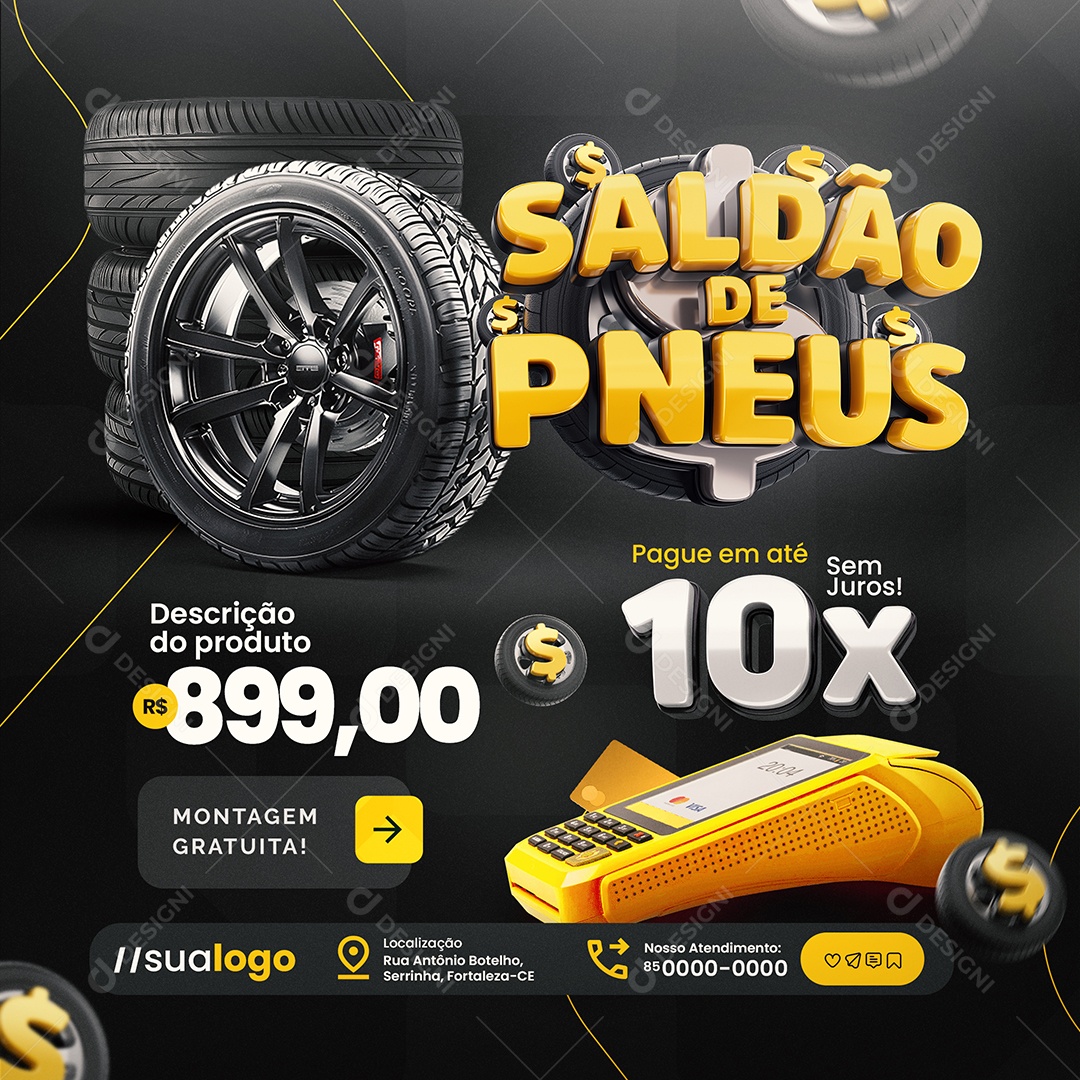 Saldão de Pneus Montagem Gratuita Loja de Pneus Social Media PSD Editável