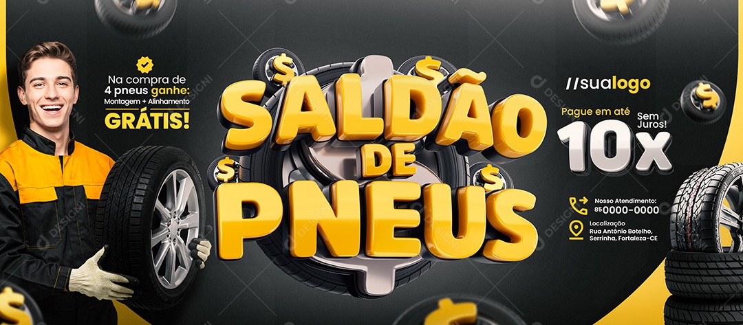 Banner Saldão de Pneus Pague em Até 10x Sem Juros Loja de Pneus Social Media PSD Editável