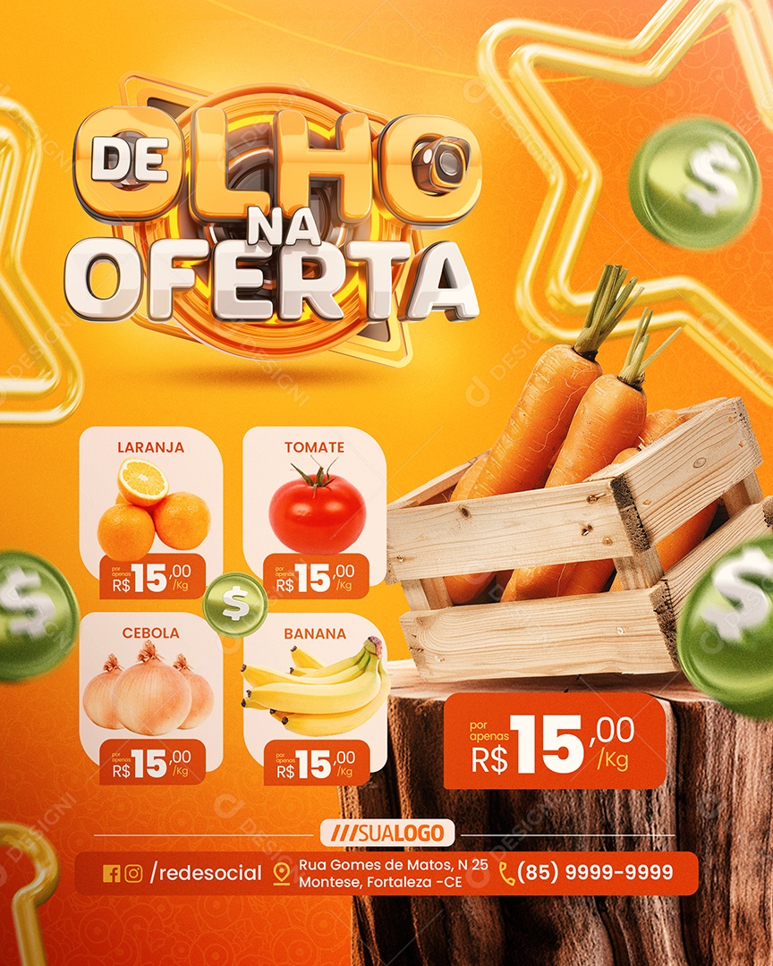 Big Brother De Olho na Oferta Supermercado Laranja Tomate Social Media PSD Editável