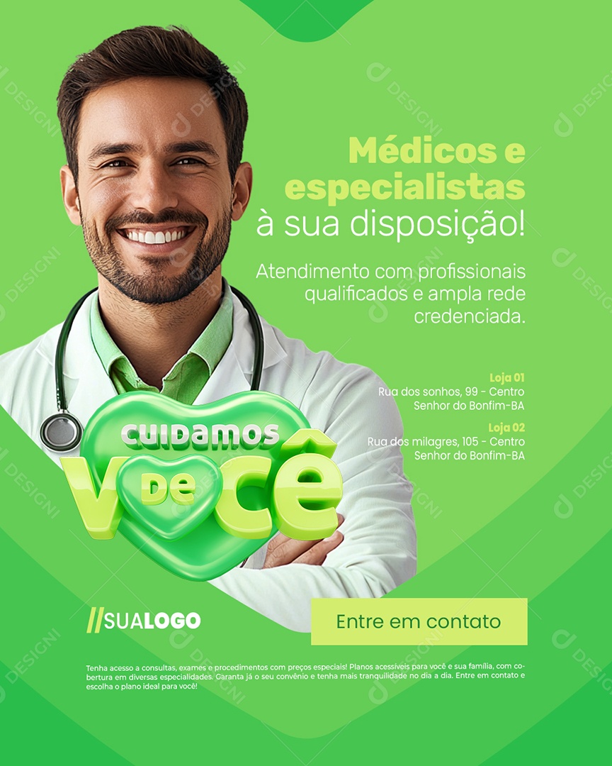 Cuidamos de Você Convênio Médico Atendimento com Profissionais Social Media PSD Editável