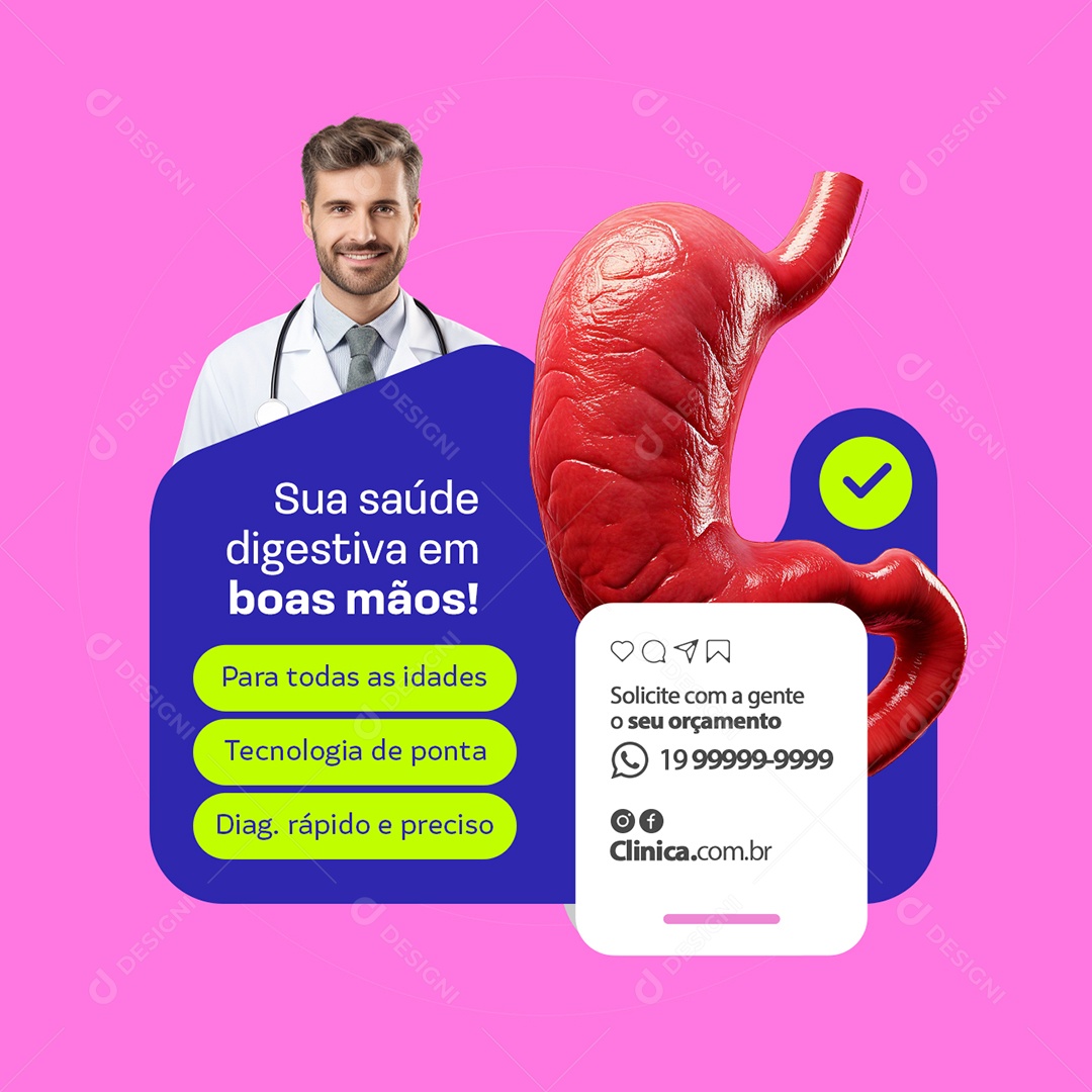 Gastro Sua Saúde Digestiva em Boas Mãos Social Media PSD Editável