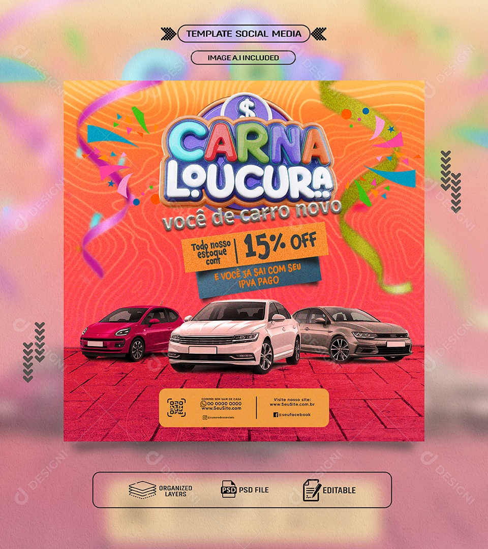 Concessionaria Promoção de Carnaval Social Media PSD Editável