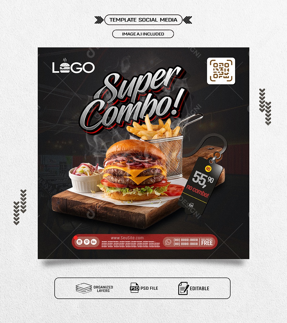 Super Combo Promoção Hamburgueria Social Media PSD Editável