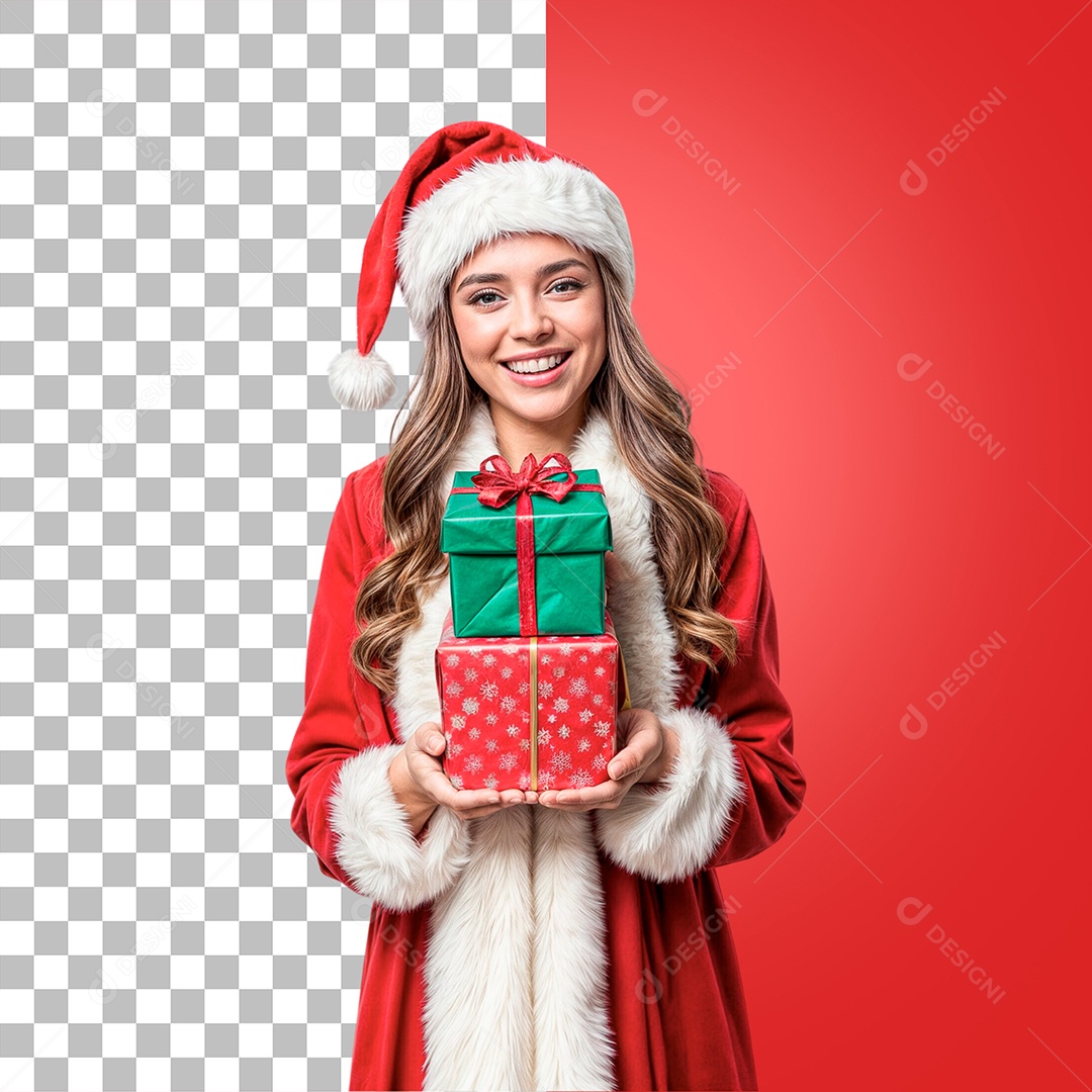 Mulher Sorridente Com Roupa de Natal Segurando Presente Composição PSD