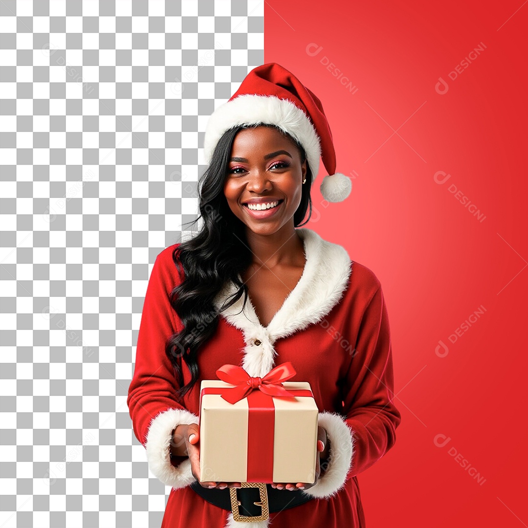 Mulher Sorridente Com Roupa de Natal Segurando Presente Composição PSD