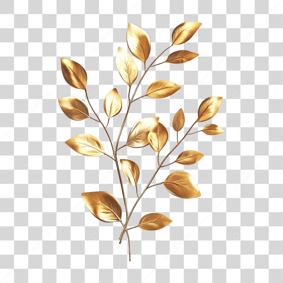 Elemento 3D Galhos e Folhas de Ouro PNG Transparente