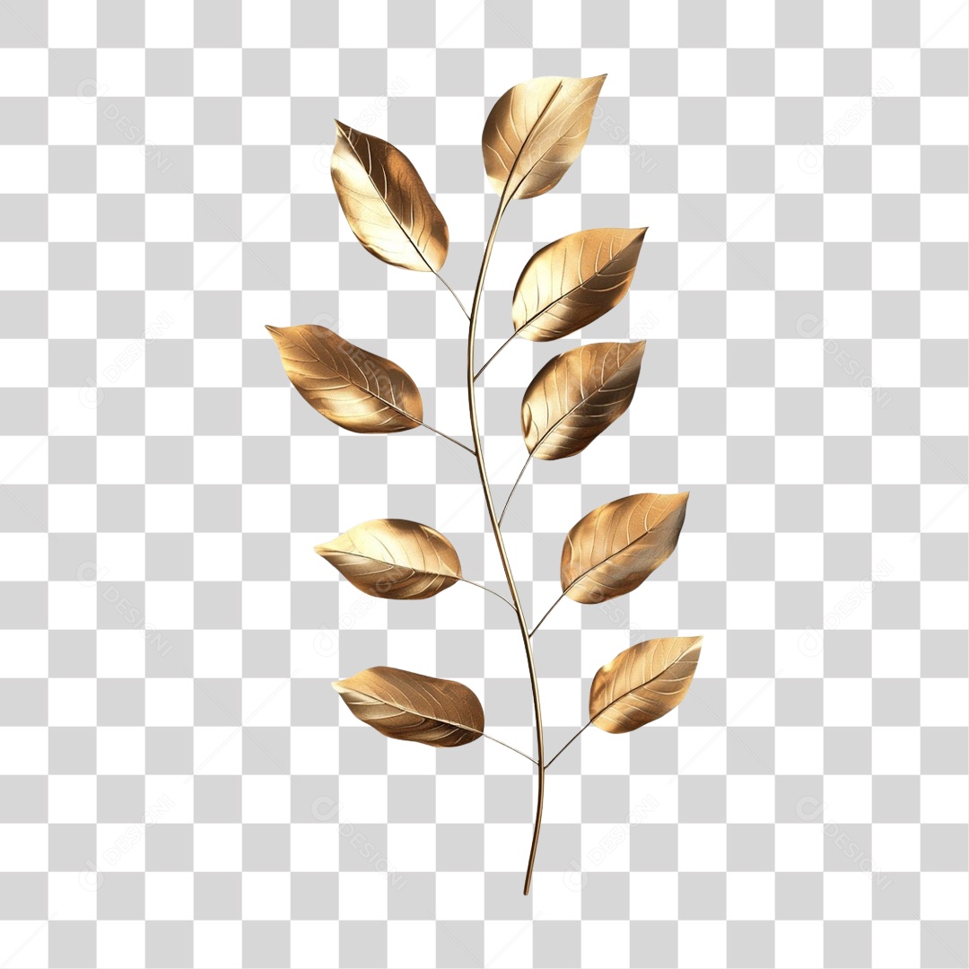 Elemento 3D Galhos e Folhas de Ouro PNG Transparente