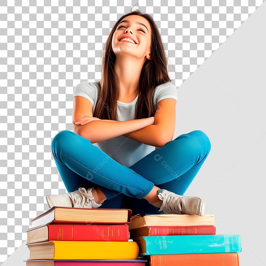 Menina Olhando para Cima Feliz Sentada Em Ciam de Livros Elemento PSD