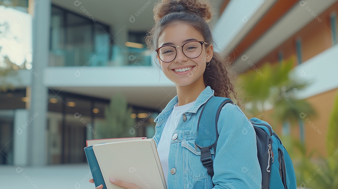 Jovem usando óculo e segurando livros