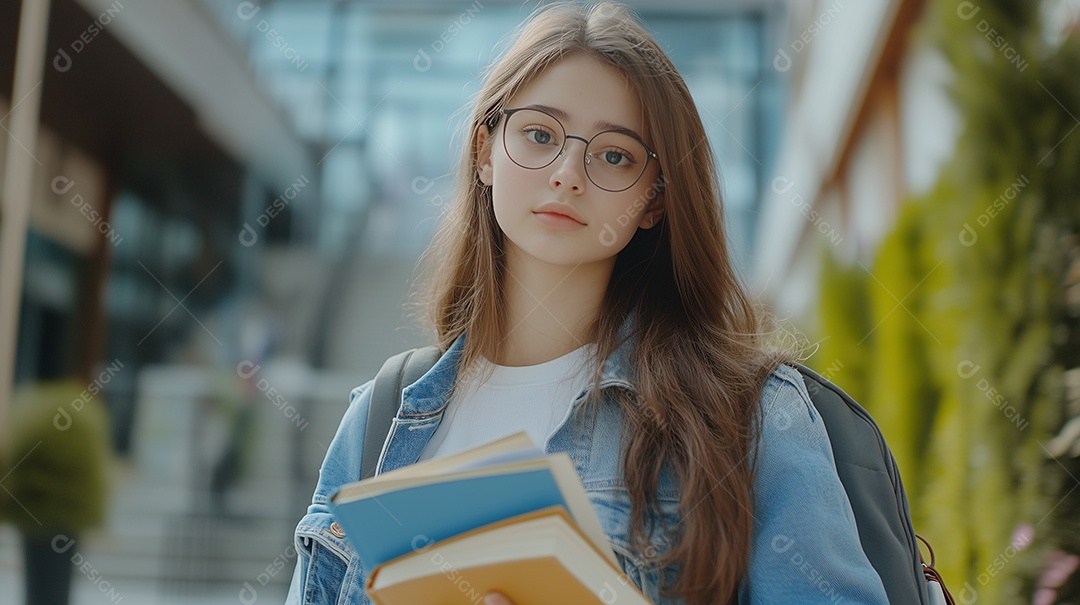 Jovem em uma escola segurando livros