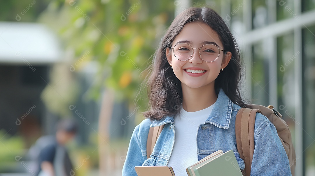 Liinda jovem com livros nas mãos