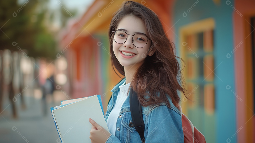 Jovem linda usando óculos segurando livros