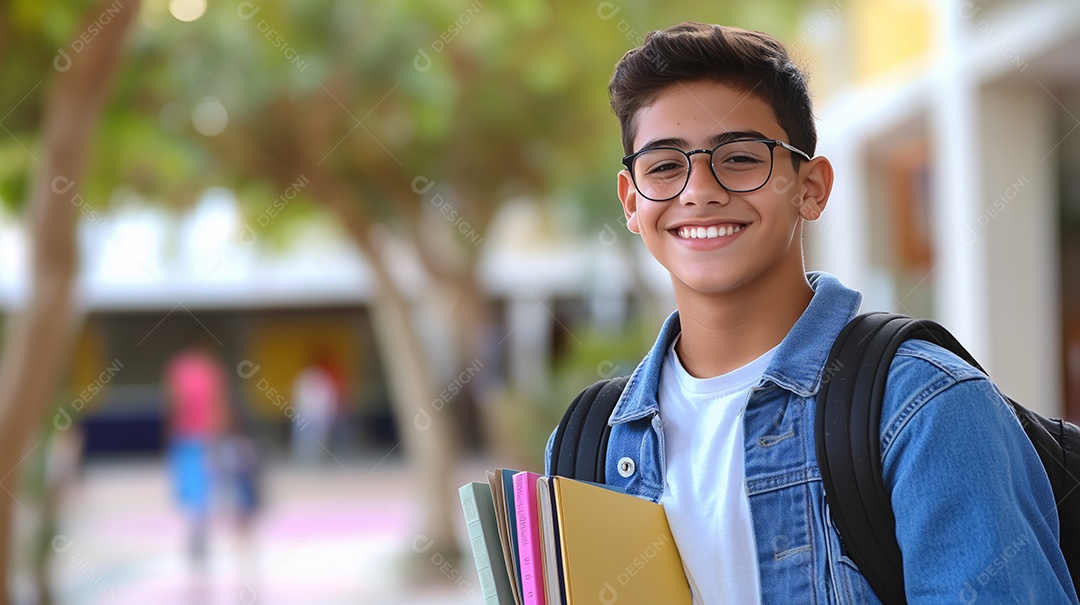 Um lindo garoto estudioso com livros e usando óculos